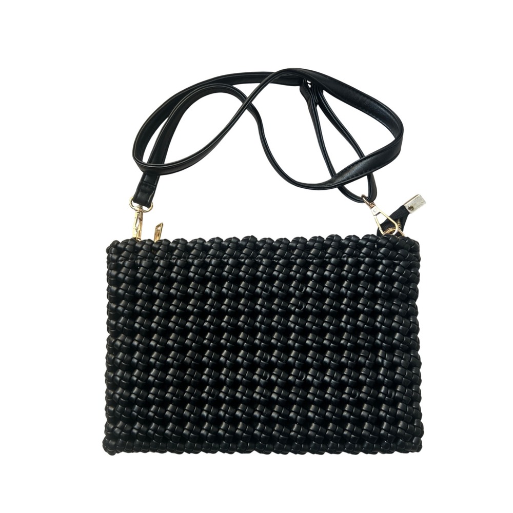 Anthropologie Black Woven Crossbody Bag Chunky Basketweave Clutch Gold Hardware